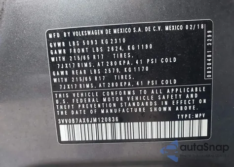 2018 Volkswagen Tiguan 2.0T S из США, поврежденный, VIN 3VV0B7AX6JM120836